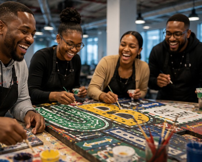 Four colleagues laughing while painting panels of the UBUNTU mural together at a work table