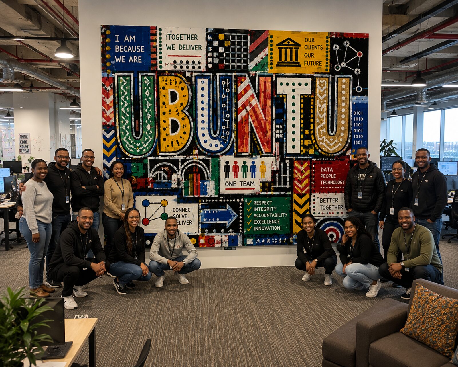 A full team celebrating a completed collaborative project
