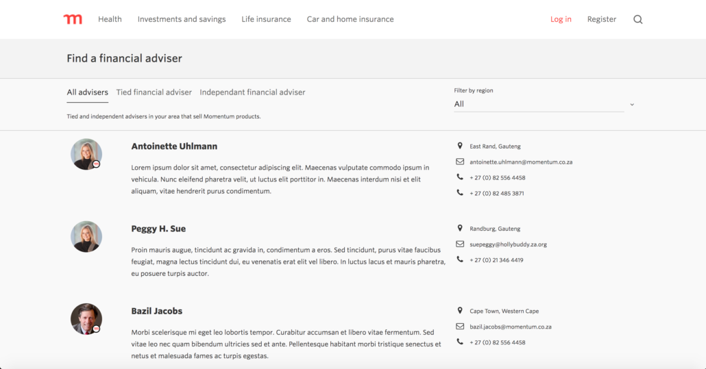 Momentum find-a-financial-adviser page designed and built by Wouter Kirstein
